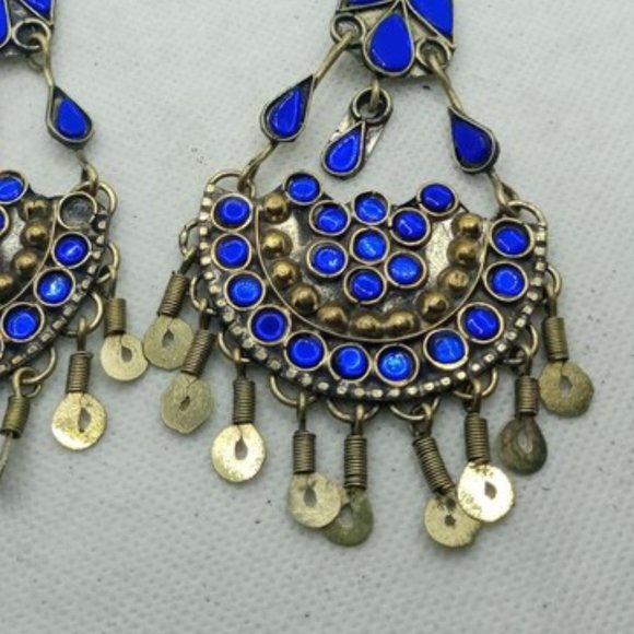 Glass Stones Kuchi Earrings With Dangling Tassels, Tribal Dangle Earrings - Picture 2 of 7